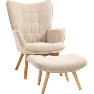 Ohrensessel Mit Hocker, Relaxsessel, Polstersessel In Cord-Optik, Loungesessel, Armlehnstuhl Mit Holzbeine, Fernsehsessel Für Wohnzimmer, Beige