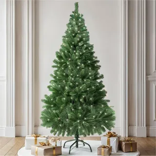 tectake® Set Weihnachtsbaum mit Lichterkette künstlich, Spritzguss inklusive Metallständer mit Kunststoffkappen