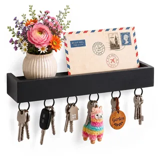 Relaxdays Schlüsselbrett, 6 Haken, Schlüsselhalter mit Ablage, schwarz | modern, HBT: 5 x 26 x 7 cm, Wandmontage, Bambus