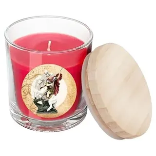 Rote St.-Georgskerze im Glas mit Deckel in Box mit Geschichte 7 x 7 x 8,5 cm