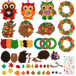 Filz Bastelset für Herbst Deko, 9 Set Herbst Bastelset Filz für Kinder, DIY Herbstkranz mit Igel Owl Herbstblätter, Kreativsets Herbst Basteln Geeignet für Herbstdeko Fenster, Kindertagsgeschenke