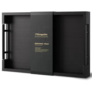 Fibogollo Bambus Serviertablett mit Metallgriff,38x25cm Rechteckig Tablett Frühstückstablett,Deko Ottoman-Tablett für Frühstück Geschirr Getränke,Mittel(Schwarz)