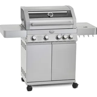 RÖSLE Gasgrill BBQ-Station VIDERO G4 Edelstahl, Grill mit 4 Haupt- und 1 Seitenbrenner, Deckel mit Glaseinsatz & Thermometer, beleuchtete Drehknöpfe, Edelstahl 18/0