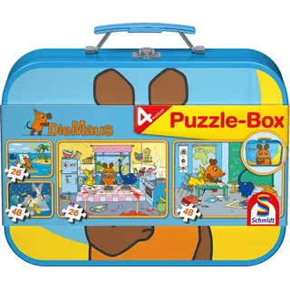 Schmidt Spiele 55597 Die Maus, 4 Kinderpuzzle im Metallkoffer, 2x26 2x48 Teile