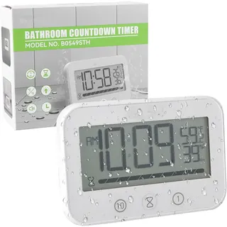 Focenat Wasserdichte Duschuhr, Badezimmer Uhr Digital mit Saugnapf, Temperatur- und Feuchtigkeitsanzeige, Digitaler Küchen Countdown Timer, Batteriebetriebene