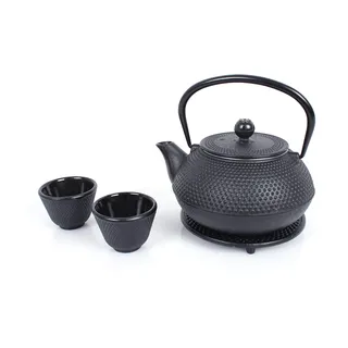 Echtwerk Teeservice aus Gusseisen, Teekanne 0,8 L mit abnehmbarem Sieb, Teebereiter mit Untersetzer, Teekannen-Set im Vintage-Design für Zubereitung von losem Tee, Schwarz