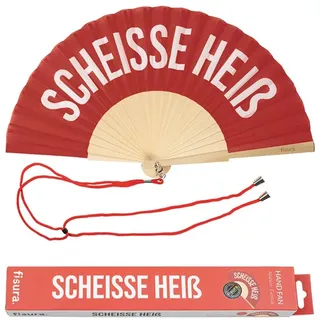 FISURA – Origineller Handfächer mit der Botschaft Sch*isse Heiß. Moderner und witziger Holzfächer. Rot-weißer Fächer. Fächer mit Fächerhalter. Maße: 42,5 x 23 cm.