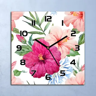 Wanduhr Echt-Glas-Küchenuhr Rosa Hibiskusblüten Quarz 30x30 Deko Bilder - Rosa