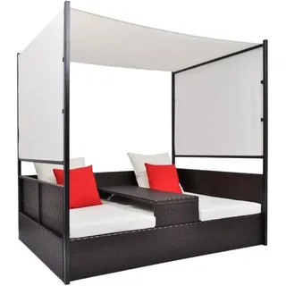 Rattan Gartenliege mit Sonnendach 190x130 cm, Doppel-Sonneninsel aus Poly-Rattan mit Beistelltisch, Liegebett für Garten und Terrasse, Braun - Braun