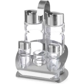 HENDI Menage Set Fünfteilig Pfeffer Salz Öl Essig Zahnstocherhalter Edelstahl 130 x 110 x 185 mm