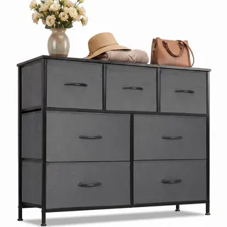 DUMOS Kommode mit Schubladen - Kommoden & Sideboards für Schlafzimmer Geeignet, Komodenschrank mit 7 Schubladen, Stoffkommode mit Stahlrahmen, Schrank Klein, Ideal für Flur, Wohnzimmer (Grau)