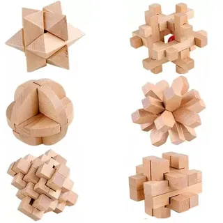 Set 6 Holz Puzzle Iq Logik Rätsel 8cm Weihnachten Wettbewerb Spiel Puzzle