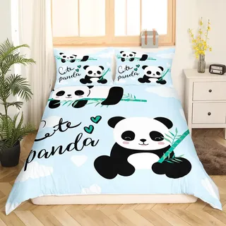Niedliches Panda-Bettwäsche-Set, Karikatur Panda Bettwäsche Kinder 135x200 cm Mädchen Jungen Tiermotiv Bettbezug Kawaii Tier Panda Bambus Bettwäsche Blau, 1 Bettbezug mit 1 Kissenbezug 80x80cm