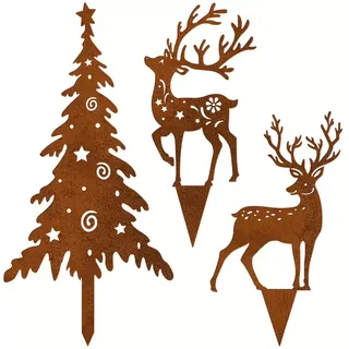 ALEMIN Roststecker weihnachtsdeko Outdoor, Christbaum Tannenbaum und Hirsch Garten Rost Gartenstecker, Weihnachtsbäume Rentier Weihnachten Deko Draußen, Landhausstil Winterdeko Gartendeko