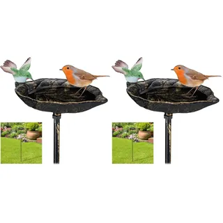 Relaxdays Gusseisen Vogeltränke zum Stecken, mit Erdspieß, Gartendeko, Vogelfutterstelle, Wasserschale 1m hoch, Bronze (Packung mit 2)
