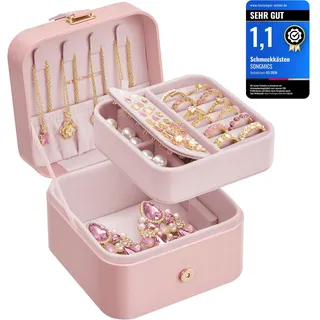 SONGMICS GISELLA Kollektion - Schmuckkästchen Reise mit 2 Ebenen, Schmuckkasten klein, Schmuckaufbewahrung, tragbar, für größere Accessoires, Geschenkidee, 11,2 x 11,8 x 7,2 cm, pastellrosa JBC185R02
