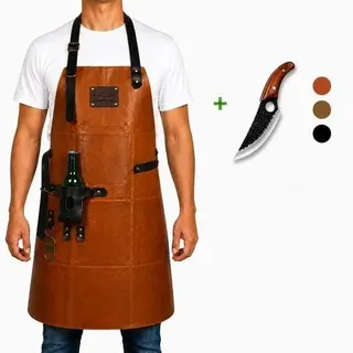 Elzusha – Grillschürze zum Lernen mit einem Set handgefertigter Grillmesser - Hellbraun