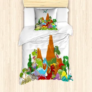 ABAKUHAUS Dinosaurier Mantele, Funny Creatures Bäume, Milbensicher Allergiker geeignet mit Kissenbezügen, 135 cm x 200 cm - 80 x 80 cm, Mehrfarbig