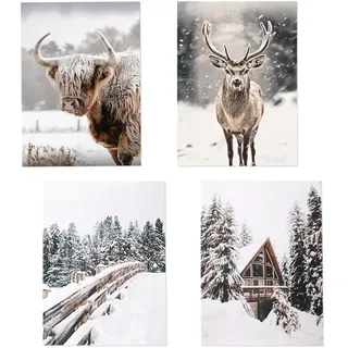 4 Stück Winterliche Wandbilder Set Rahmenlos Poster Weihnachtsbilder Weihnachtsdeko Bilder Winter Deko Winter Aesthetic Weihnachten Leinwand Drucke Hirsch und Highland Rind 20x30cm für Wohnzimmer