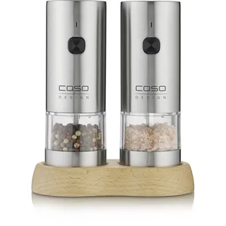 CASO SpiceDuo Elektrische Salz- & Pfeffermühle Set – Edelstahl Gewürzmühlen mit Keramikmahlwerk, stufenlos einstellbar, LED-Licht, USB-C aufladbar, Einhandbedienung & Holzhalterung