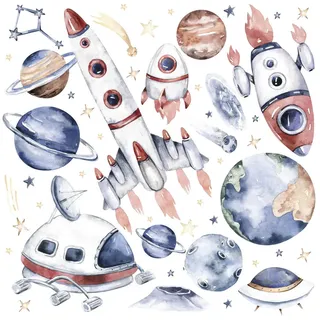 Muralo Aufkleber SET Weltraumraketen Sternen Planeten 60x30 , Rot, Grün, Gelb, Braun, Beige, Grau , Papier , Planet/Universum , Rechteckig , 60x30x1 cm , Tapeten & Wandverkleidungen, Wandtattoos & Sticker, Wandtattoos