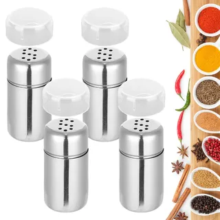 4 Salzstreuer Klein Edelstahl,Mini Salzstreuer für Unterwegs mit Deckel mit Feinen Löchern, Aufkleber Rostfreie Gewürzdose für Salz, für Restaurants Camping und Grill (4 Stück S hole)