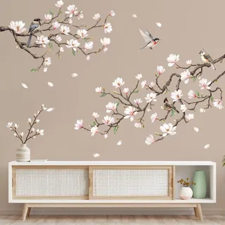 Tanlaby Groß Wandtattoo Magnolie Wandaufkleber Rosa Blumen Vögel | Sommer DIY Wandsticker für Wohnzimmer Schlafzimmer Flur Küche Sofa Hintergrund Wanddeko