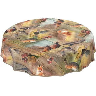 ANRO Wachstuch Tischdecke abwaschbar Wachstuchtischdecke Wachstischdecke Jagt Wild Jäger Motiv Holz Rund 140cm mit Saum - Eingefasst