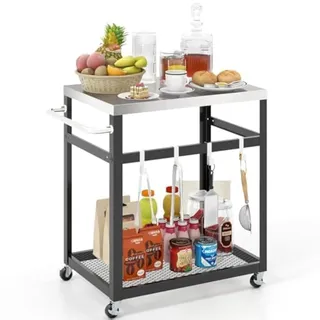 Generisch Grilltisch Outdoor, Grillwagen mit 2 Ablagen & 4 Rädern & Griff & 4 Haken, Pizzatisch Beistelltisch Servierwagen für Hinterhof, Garten, Terrasse (2 Ablagen), Schwarz + Silber