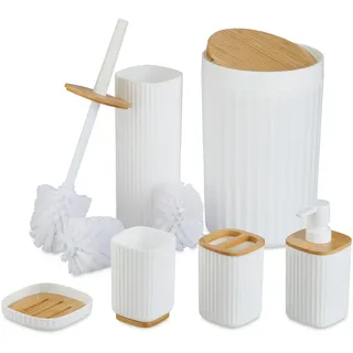 Relaxdays Badezimmer Set, 6-teilig, Badaccessoires Kunststoff & Bambus, komplettes Badzubehör-Set, Badset, weiß/Natur