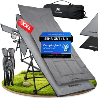 Feldbett klappbar in 10 Sek aufgebaut – NORDICTRAILS XXL Camping Bett Liege | FAZ Testsieger · Bis 200 kg belastbar & 80 cm breit · Bequemes Feldbett mit Matratze & Auflage · Karpfenliege & Campingliege