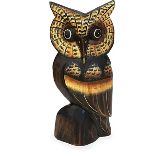 TEMPELWELT Deko Figur Eule Wula schwarz braun aus Albesia Holz, Höhe 20 cm groß, Holzfigur Uhu Kunsthandwerk aus Bali handgefertigt