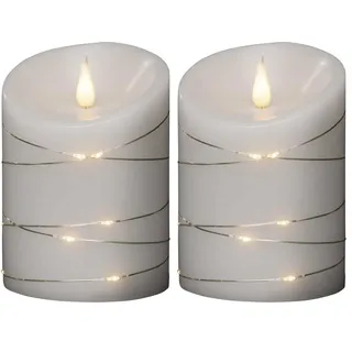 Konstsmide LED Echtwachskerze, weiß, mit 3D Flamme und silberfarbenem Draht umwickelt, mit 4h und 8h Timer, 1 warm weiße Diode / 15 LED Tropfen, batteriebetrieben, Innen - 1844-190 (Packung mit 2)