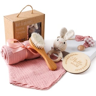 Mamimami Home Baby Geschenk zur Geburt Junge Mädchen 6-in-1 Babyparty Neugeborenen Geschenk Babygeschenke Badedusche Set Musselin Tuch,Lätzchen,Rassel Schnullerkette (Rosa Kaninchen)