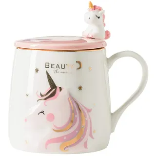 BigNoseDeer Einhorn-Becher, keramische Kaffeetasse mit lieblichem Einhornlöffel, Morgen Cup,Kaffee,Tee,Milch, Weihnachten Becher, Geschenk für Mädchen Einhorn Liebhaber 380ML
