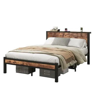 Stilvora Metallbett 140/200 cm in Antikbraun & Schwarz mit Stauraum MDF im Industrial Design , Braun , Metall , 140x200 cm , Schlafzimmer, Betten, Metallbetten