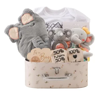 Promise Babe Baby Geschenk Set,Neugeborenen Geschenk zur Geburt Babyparty Badetuch Meilenstein Babydecke Strampler Socken Baby Holz Gehäkelt Greifling Rassel Spielzeug Foto Requisten (For Boy)