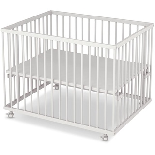 Sämann Laufstall Baby 75x100 cm | TÜV geprüft 2023 | stufenlos höhenverstellbar | Laufgitter Premium | Babybett aus Holz | Krabbelgitter Komplettset weiß