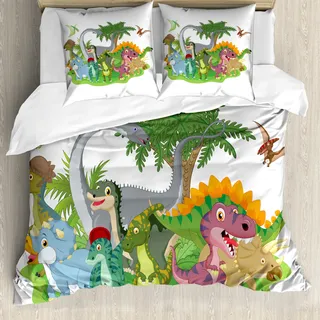 ABAKUHAUS Jurassic Bettbezug, Cartoon-Gruppe Dinosaurier, Milbensicher Allergiker geeignet mit Kissenbezügen, 155 cm x 220 cm - 80 x 80 cm, Mehrfarbig