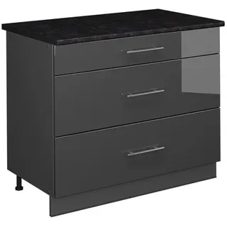 Vicco Küchenunterschrank Fame-Line, Anthrazit Hochglanz/Anthrazit, 100 cm, AP Anthrazit , Schwarz Hochglanz, Anthrazit , Holzwerkstoff , 3 Schubladen , Rechteckig , 100x82x60 cm , Küchen, Küchenmöbel, Küchenschränke, Küchenunterschränke