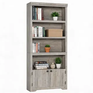 IDEALHOUSE Landhaus Bücherregal 175 cm, Bücherschrank Mit 5 Ebenen-2 Türen | Standregal mit verstellbare rutschfeste Einlegeböden, offenes Aufbewahrungsregal für Homeoffice&Wohnzimmer