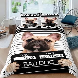 XPINGO Kinder Bettwäsche Französische Bulldogge 135x200 cm 2teilig Jungen und Mädchen 100% Mikrofaser Sommer Weiche Winter Warm Bettbezüge 3D Lustiger Hund Bettbezug mit Kissenbezüge 80x80 cm