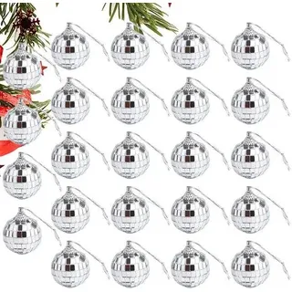 Unyqoos® 24er-Set silberne, bruchsichere Weihnachtskugeln 3 cm – spiegelnde Discokugel‐Optik, inkl. Haken, für Weihnachtsbaum, Fenster & Außendekoration - Silber