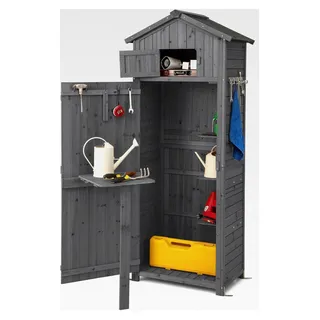 Gartenschrank aus wetterfestem Holz mit klappbarem Tisch, Tür und 8 Haken, Satteldach für Garten, Terrasse und Hof, Grau - Grau