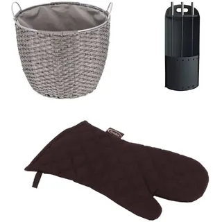 Kamin-Set:Holzkorb, Besteck & Handschuh|Rattan Hellgrau|57 L