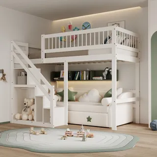 Merax Etagenbett 90x200cm mit Treppe und Stauraum, Hochbett mit Rausfallschutz und Lattenrost,Einzelbett Kinderbett Holzbett Jugendbett Stockbett,Weiß - Weiß