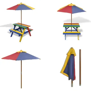 vidaXL Kinder Picknicktisch mit Bänken Sonnenschirm Mehrfarbig Holz - Kinder Gartentisch - Kinder Gartentische - Kinder Picknicktisch - Kinderpicknick Tischgarnitur