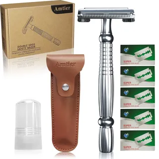 Amtier Rasierhobel Herren Set - inkl 5 Japan Klingen- Aftershave Blutstiller Alaunstein - Reiseetui für Rasierer Tragbare Leder-Rasierer-Schutzhülle