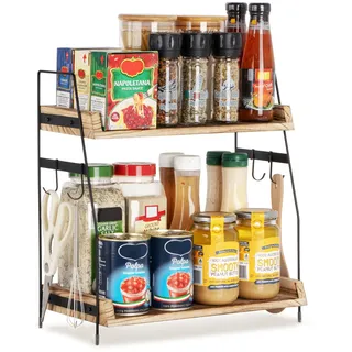 PUERSI Küchenregal Arbeitsplatte, 2 Tier kaffee Organizer, Holz Aufbewahrung & Organisation mit Haken, Küchenregal, Gewürzregal, Küchenschrank Organizer - Braun