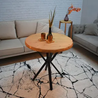 Handmade Pine Wood Coffee Table, 80 cm Diameter, 75 cm Height | Flat Varnish Finish | Modern Rustic Industrial Design, Perfect for Any Living Space